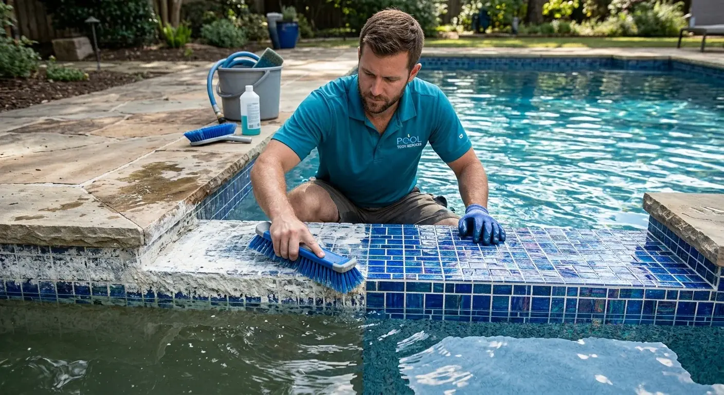 A close-up of white calcium scale forming along the waterline of a swimming pool tile.