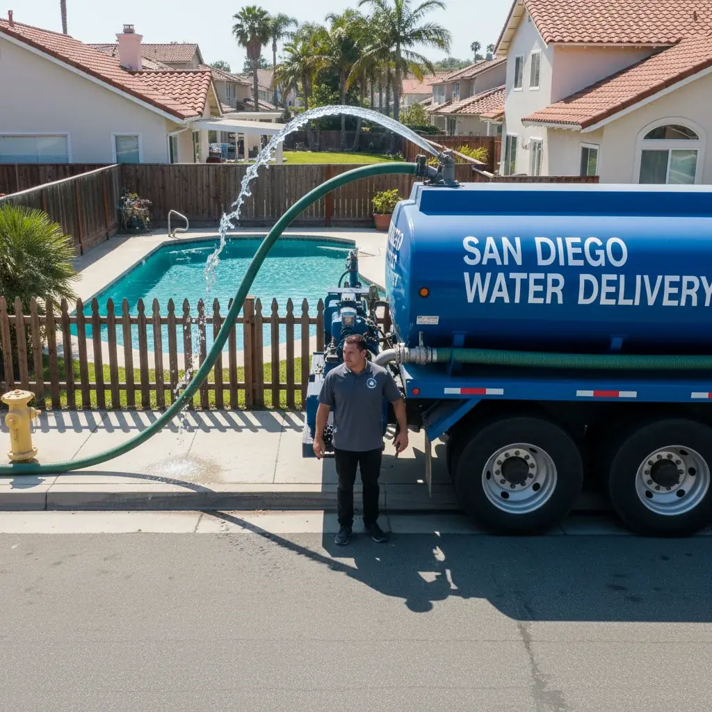 A water tanker truck parked beside a residential swimming pool with a large hose running into the water.