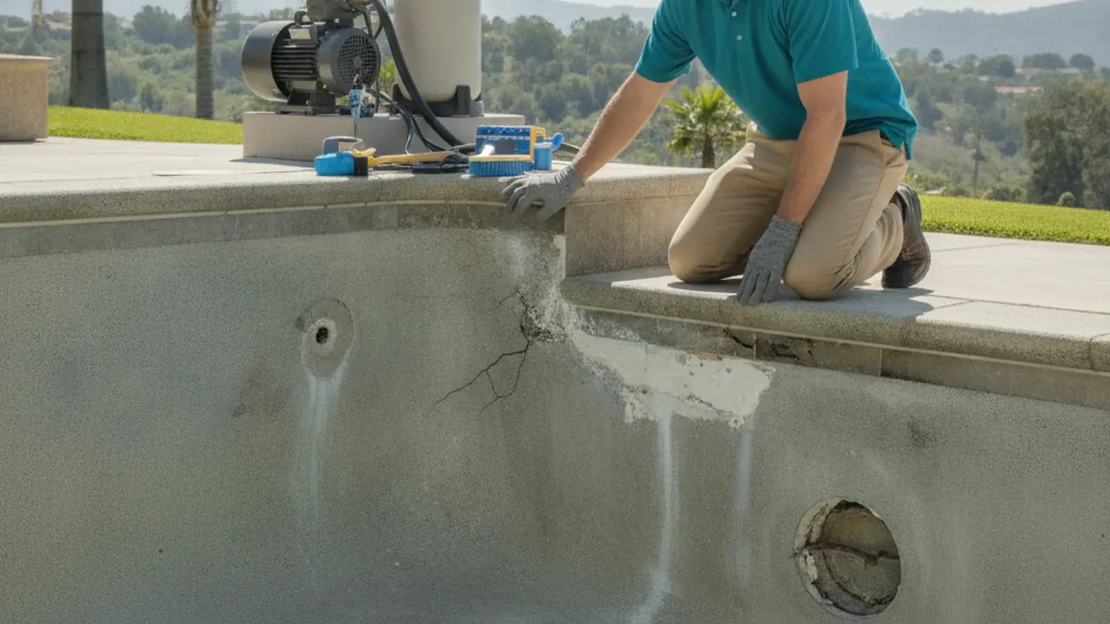A close-up of a pool wall showing rough, stained plaster with visible cracks near the waterline.