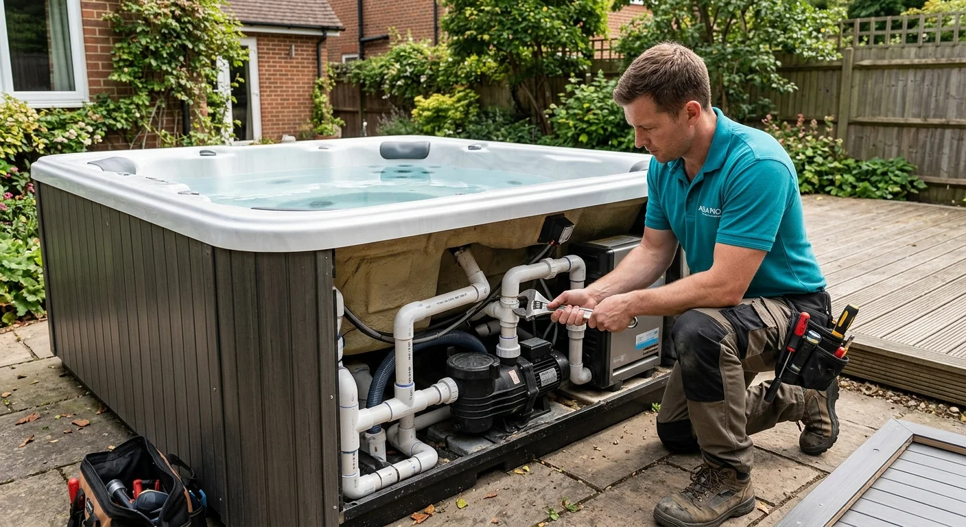 A technician inspects the plumbing connections behind a removed spa cabinet panel for signs of a water leak.