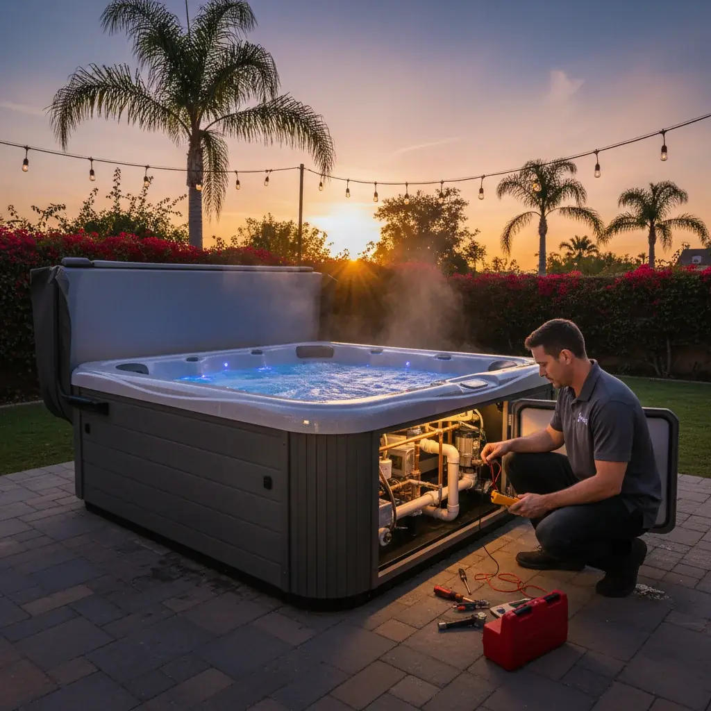 A technician inspects the heating element and control panel inside an outdoor spa cabinet.