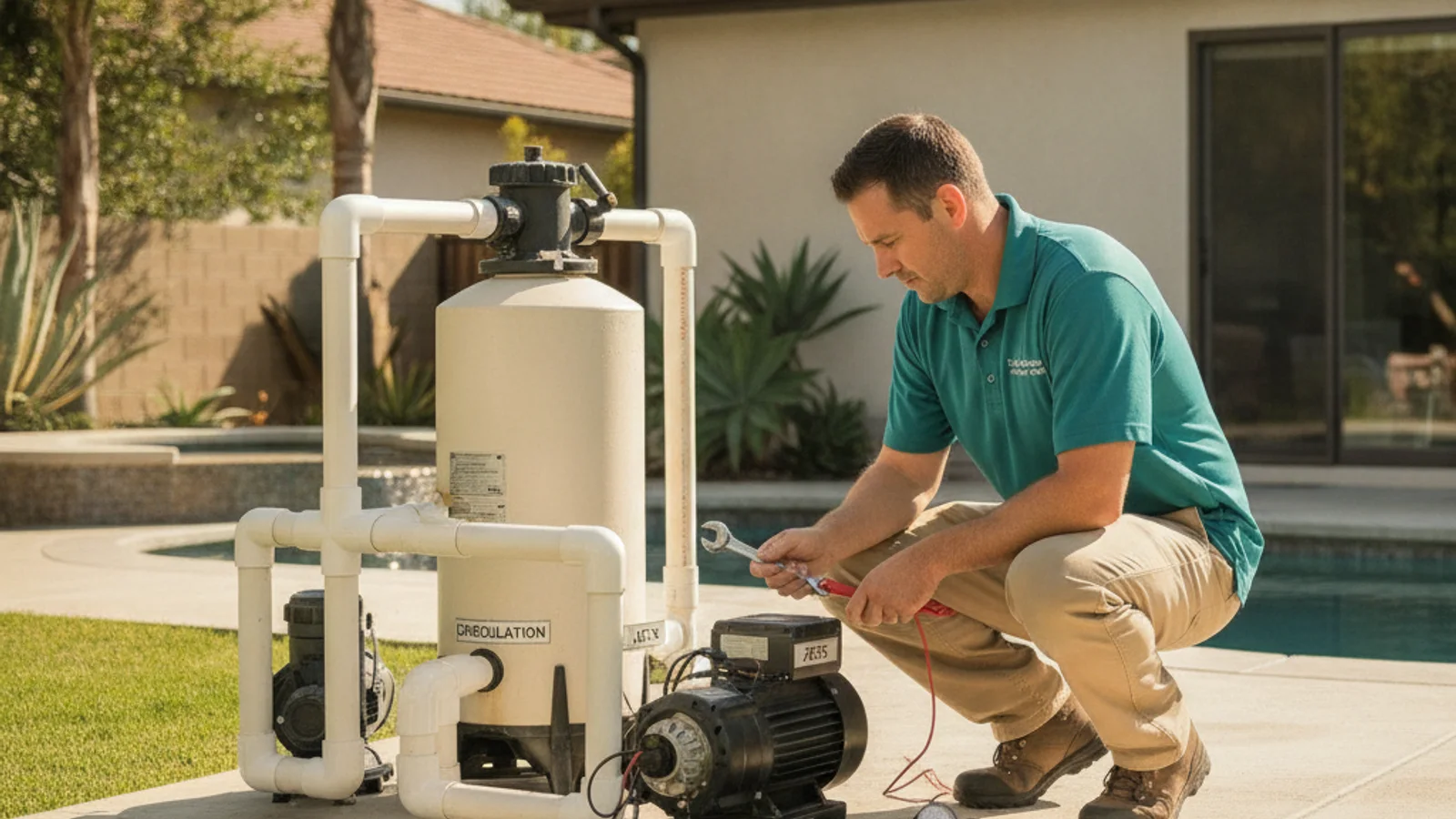 A technician inspects the pump and plumbing connections inside an open spa equipment cabinet.