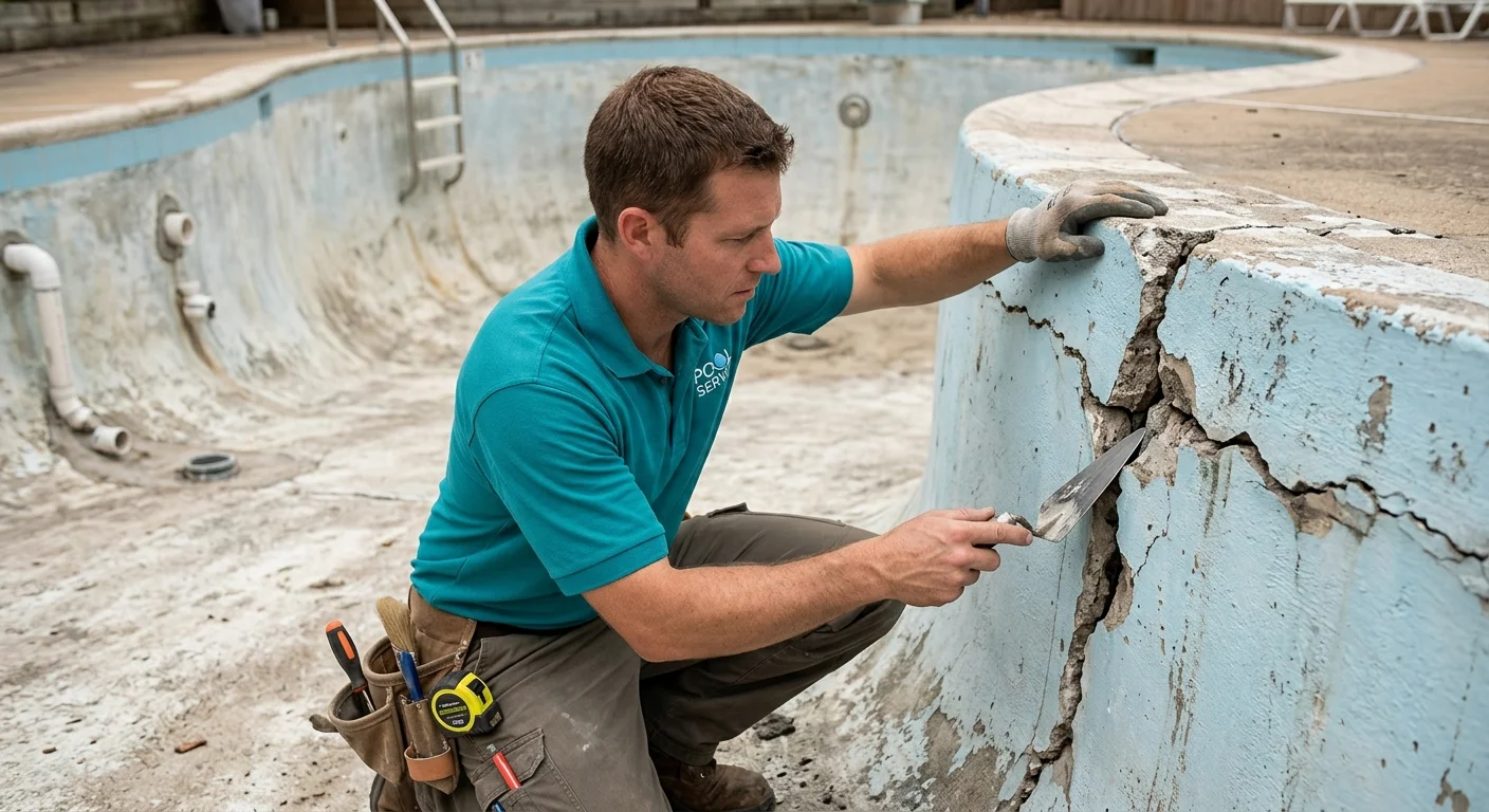 A close-up view of a structural crack running through a concrete pool shell with exposed aggregate visible around the fracture line.