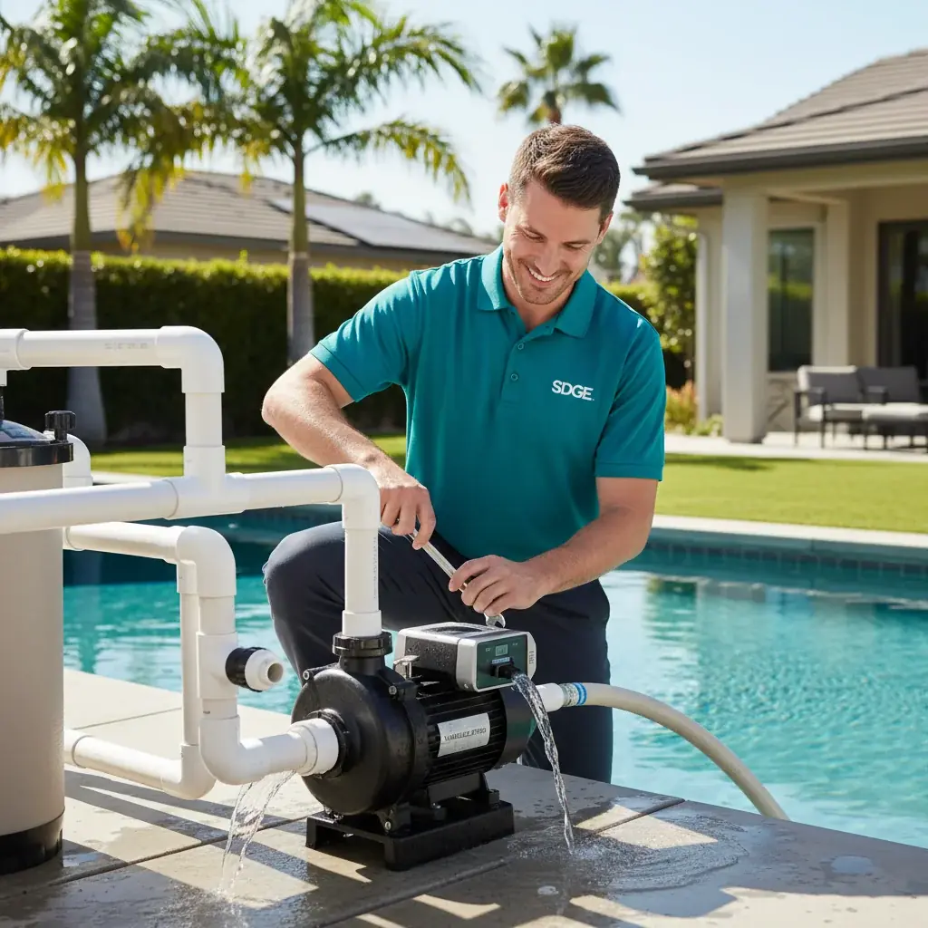 A variable speed pool pump installed on a concrete equipment pad next to a filter