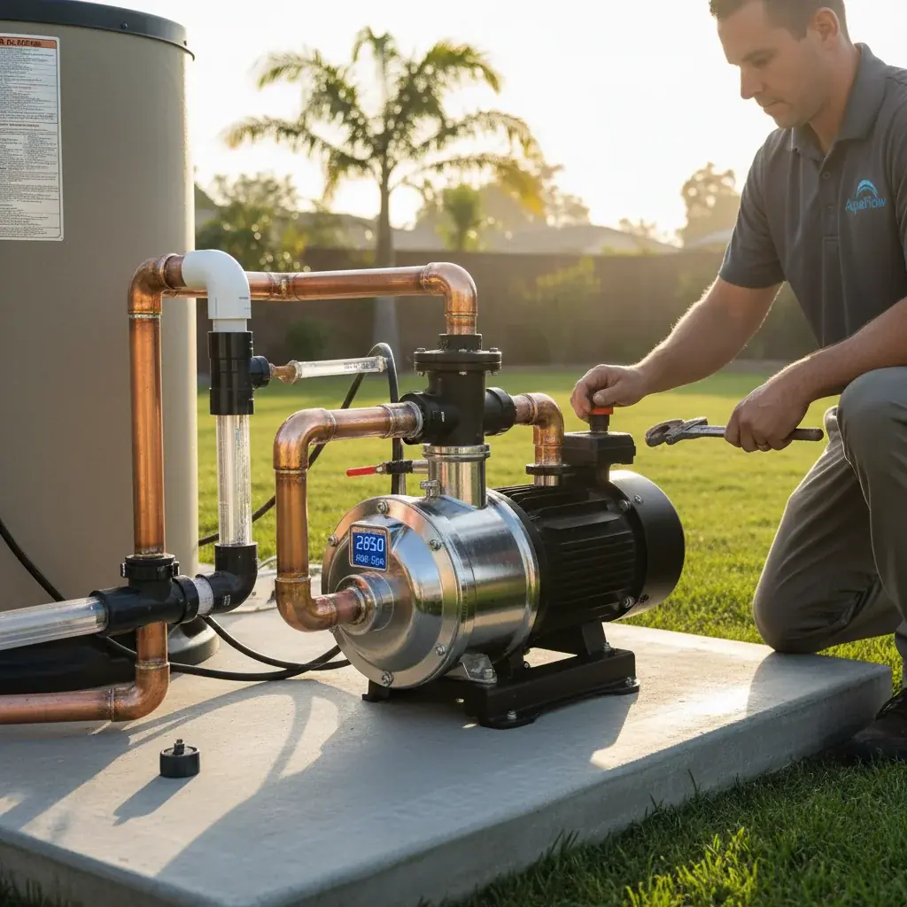 A variable speed pool pump installed on a concrete equipment pad next to a filter