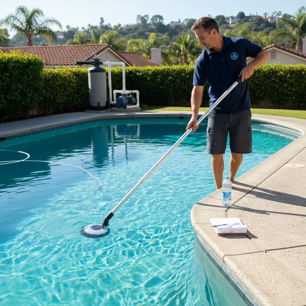 A pool technician skims leaves from a residential swimming pool with a net