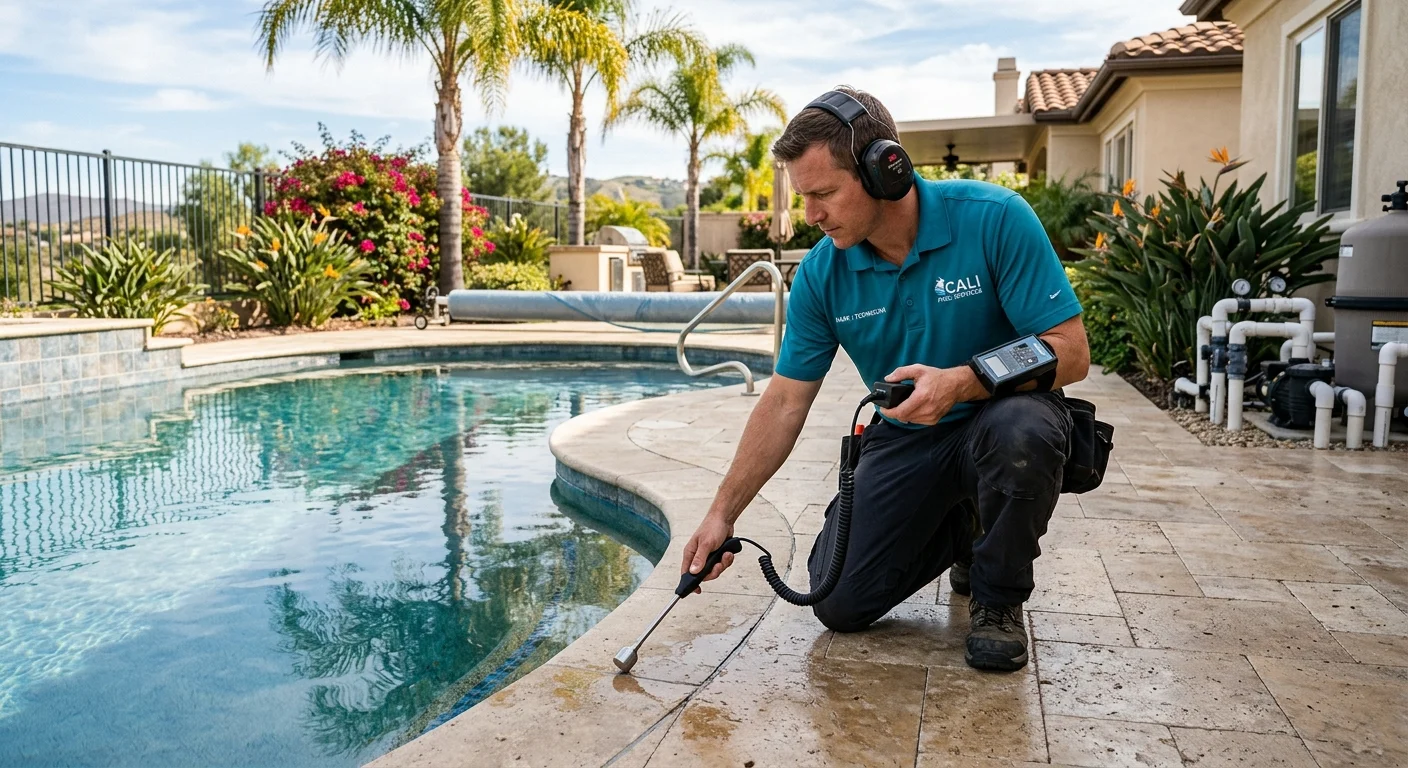 A technician uses acoustic listening equipment to locate a leak near a pool's plumbing lines.