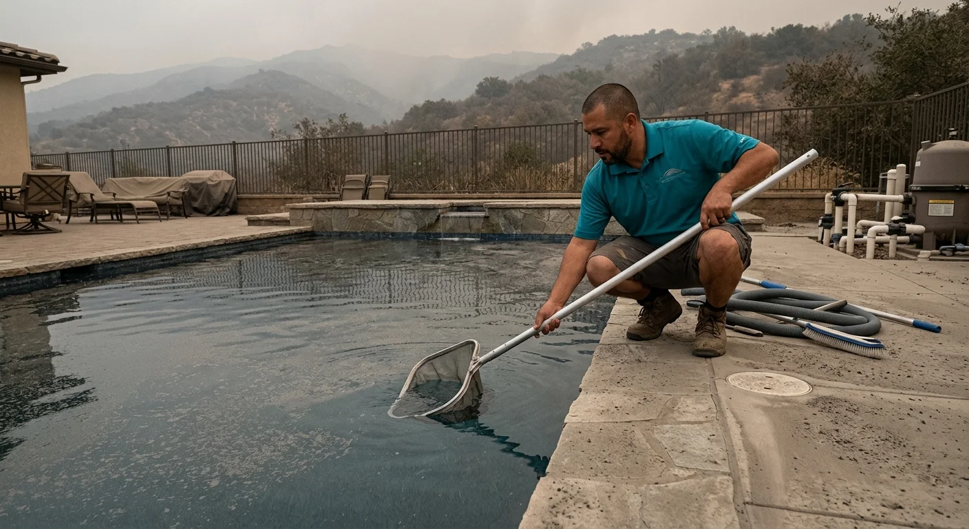 A gray film of fine ash floating on the surface of a residential swimming pool near the waterline tile.