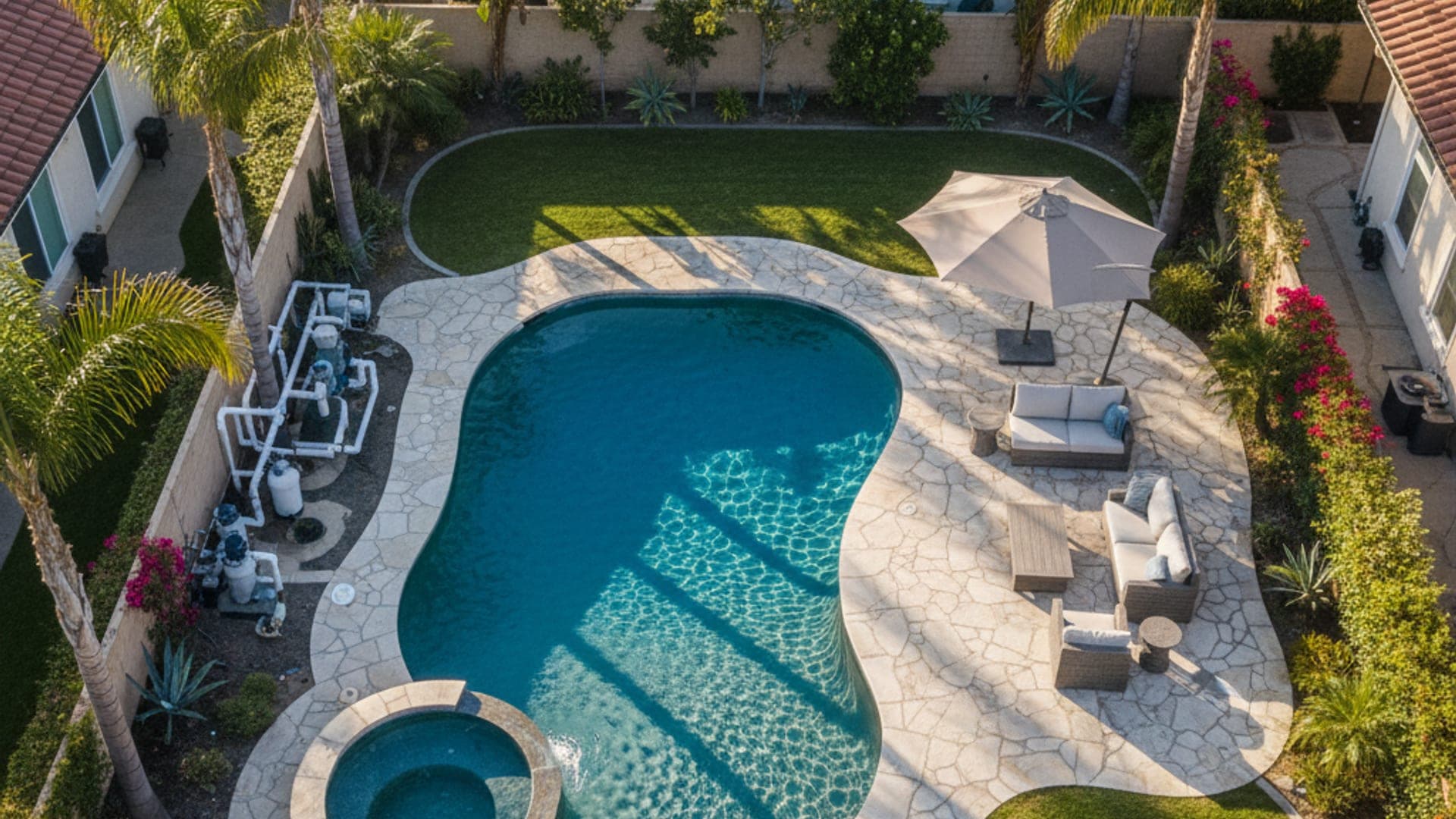 Overhead shot of a San Diego backyard pool featuring a spa, patio, and palm trees under warm afternoon light