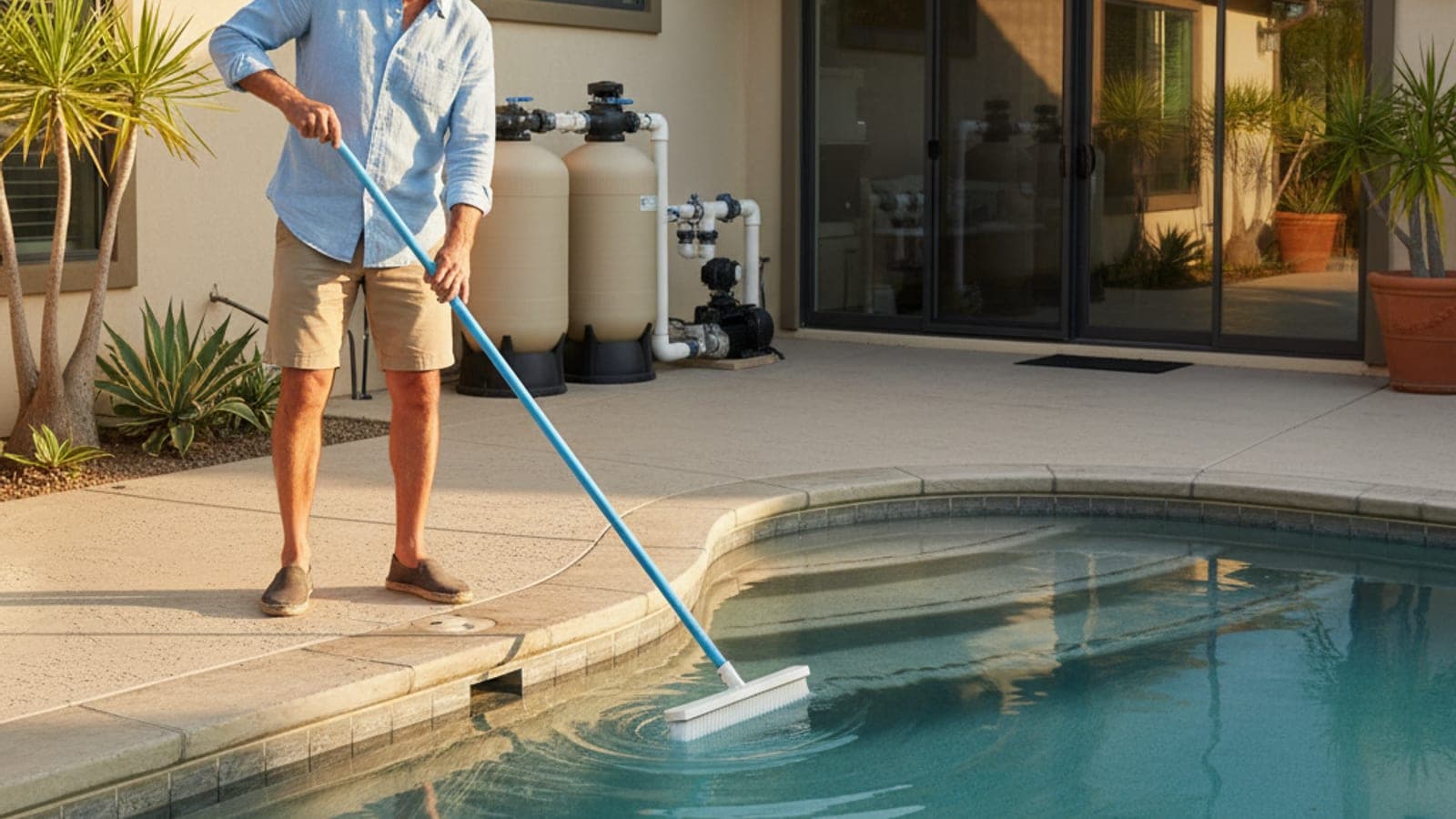 A pool owner brushing the pool wall near the steps with a nylon brush on a telescoping pole