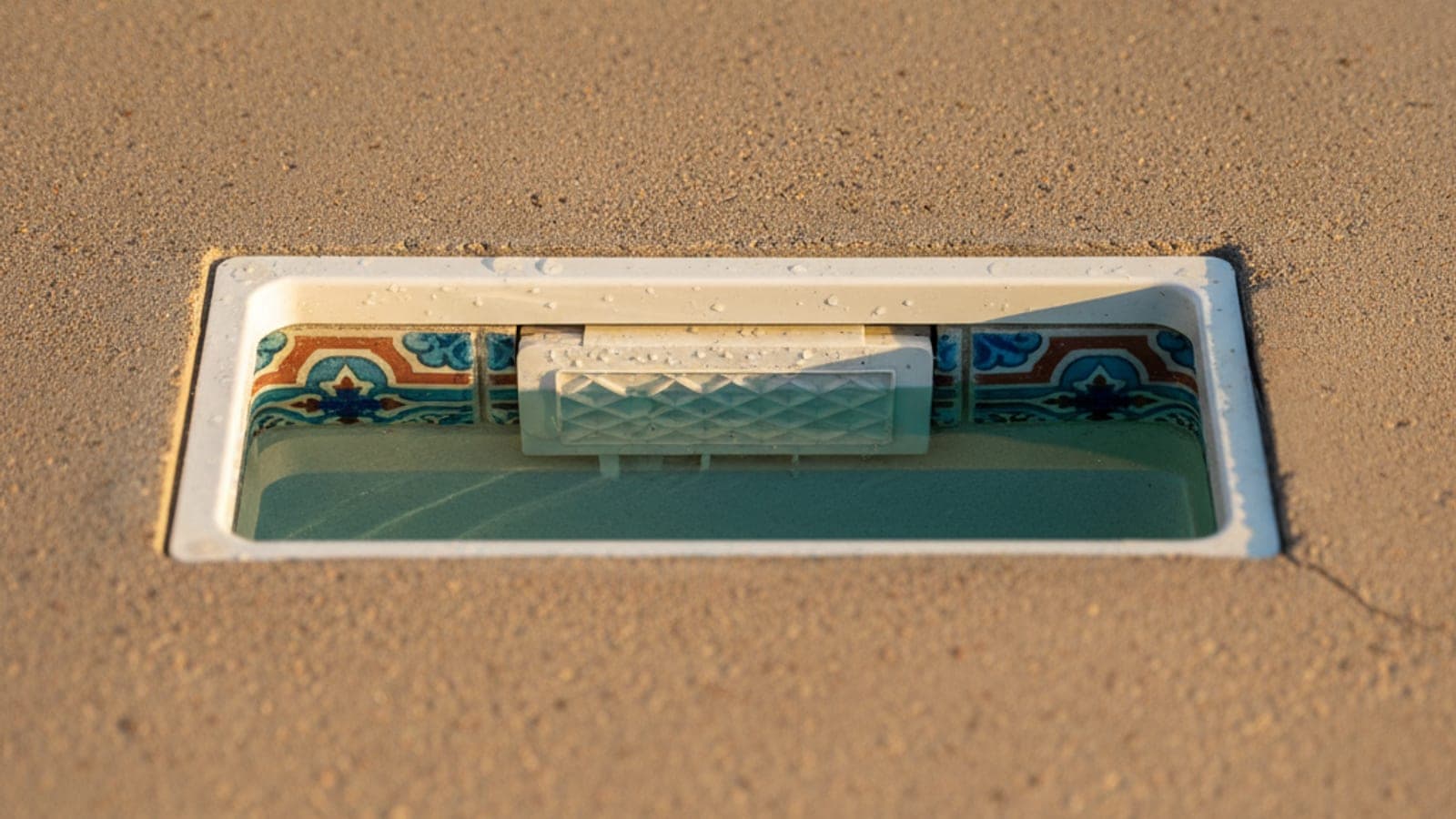 Close-up showing a pool skimmer mouth with the water sitting at the ideal middle position, tile line visible on the pool wall