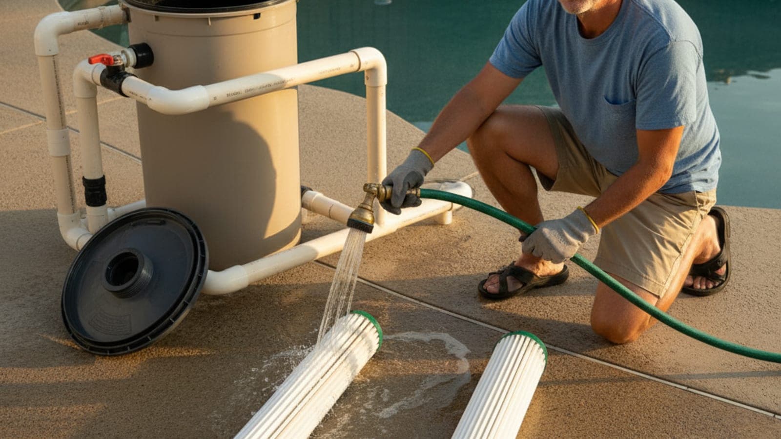 Pool owner rinsing pleated filter cartridges with a hose, cartridges laid out on the pool deck beside the filter housing
