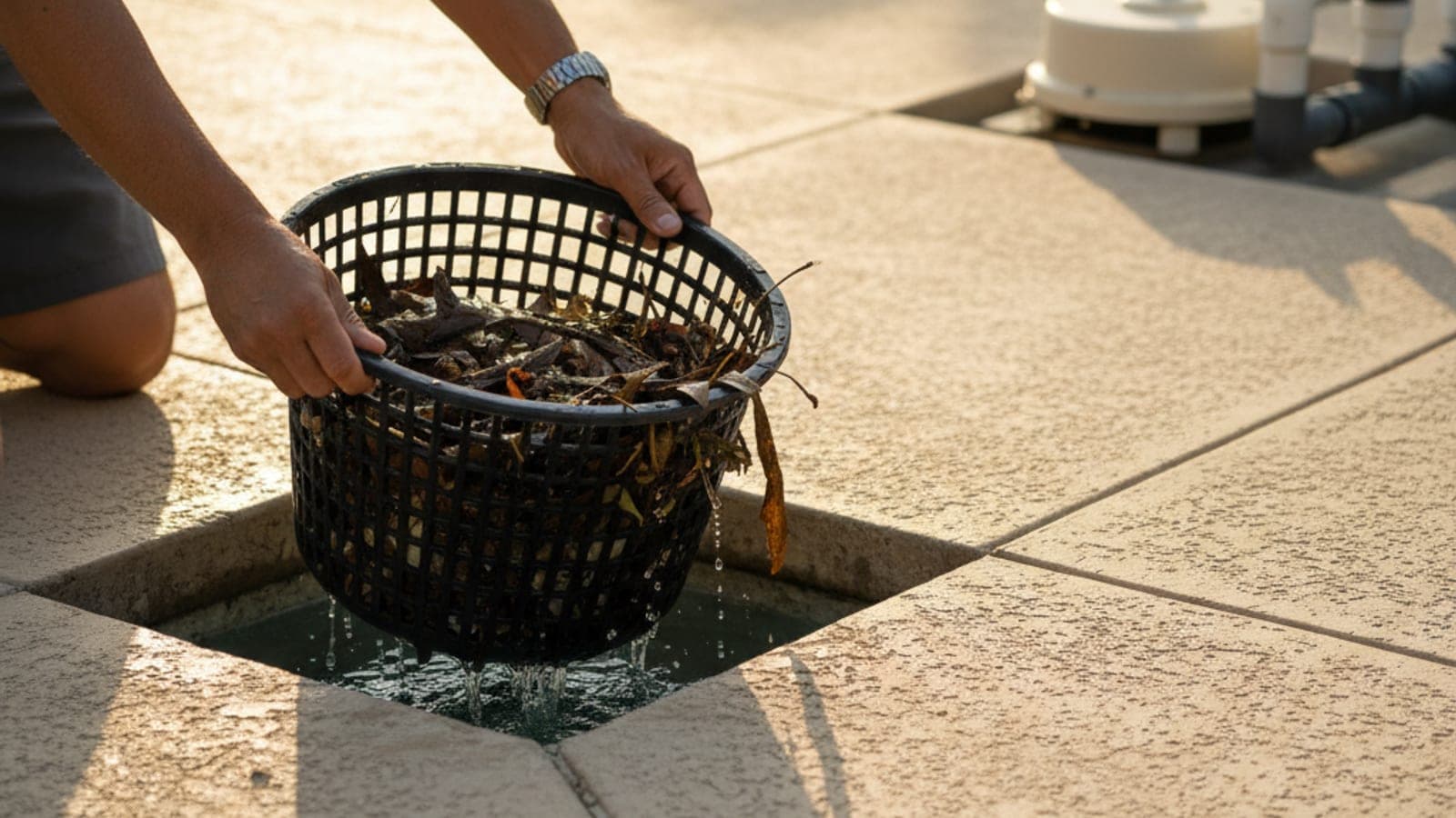 A pool owner pulling a full skimmer basket from the skimmer well beside the pool deck, about to empty the debris