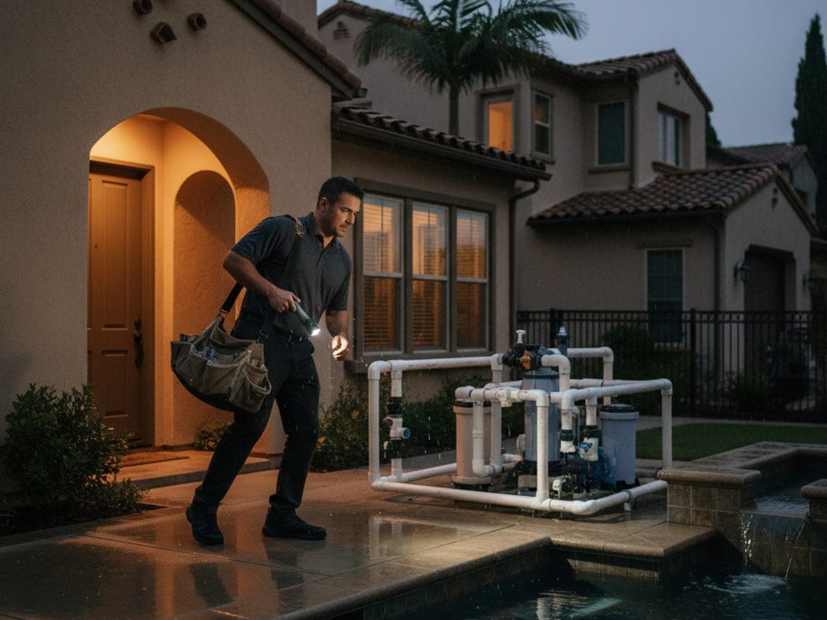 A pool specialist reaches a San Diego home at dusk with a tool bag and flashlight