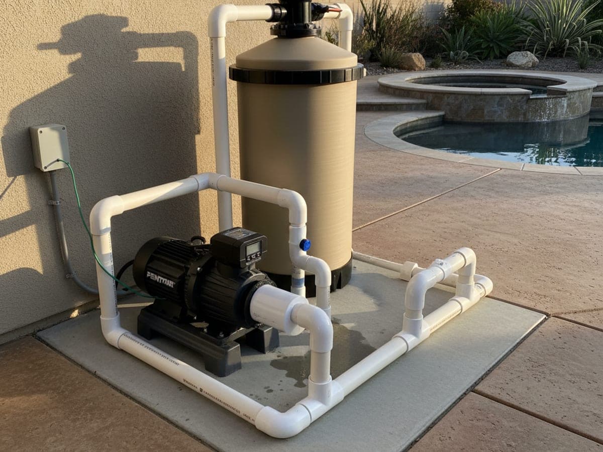 Residential equipment pad displaying a newly placed pool pump and its filter system