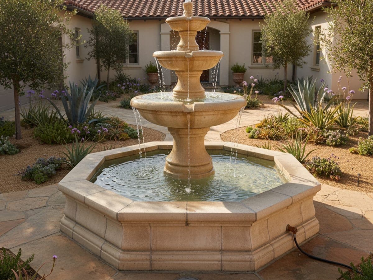 Tiered stone fountain with clear circulating water in a San Diego courtyard setting