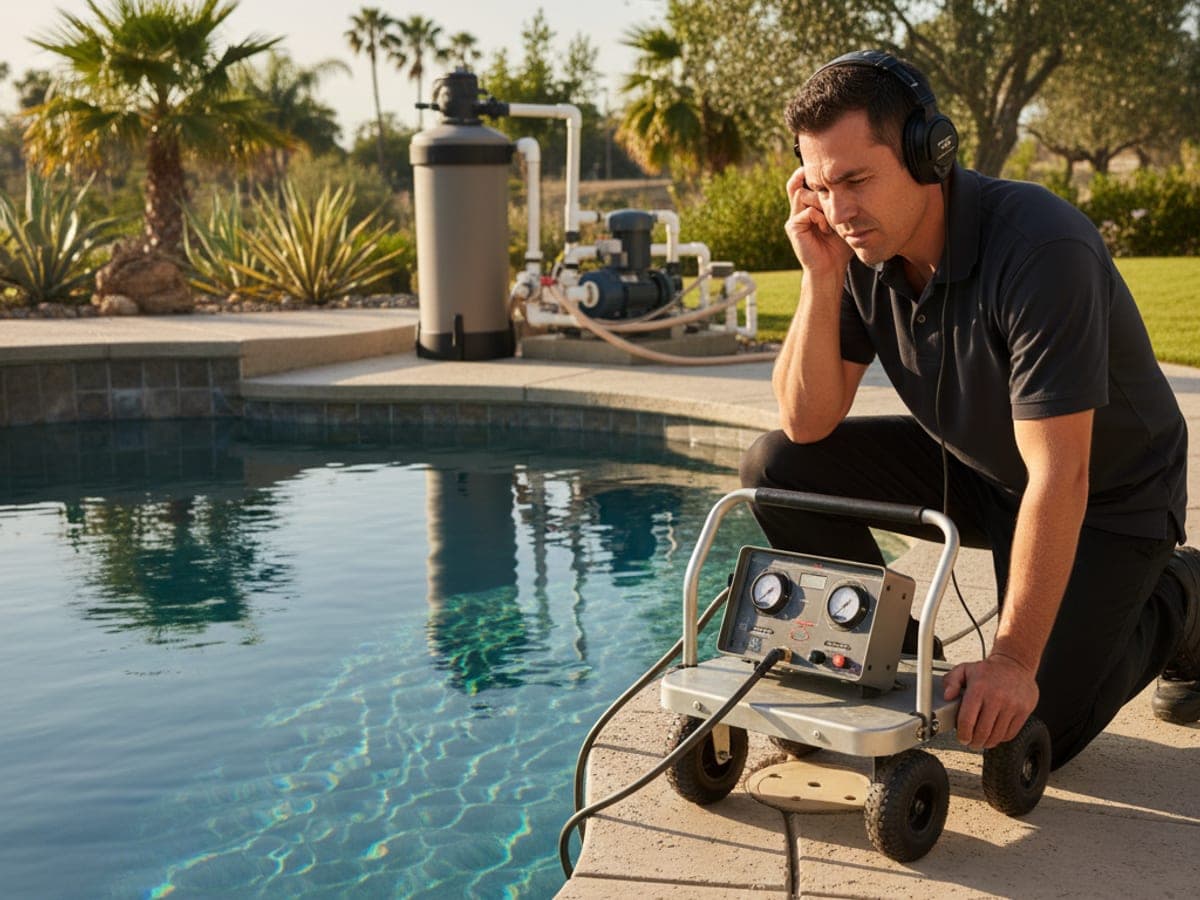 A pool pro with electronic listening gear tracking a leak along the deck