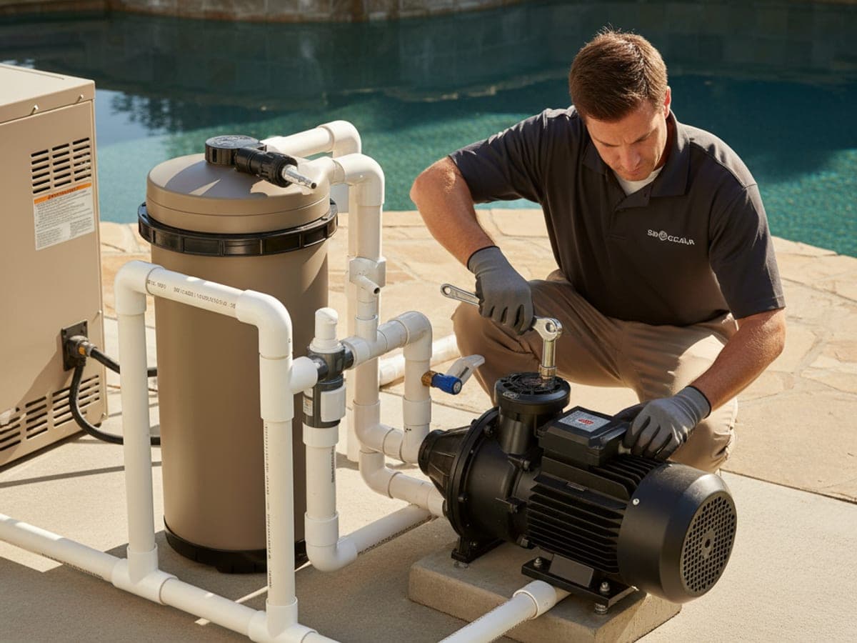 A pro adjusting a variable-speed pool pump motor on a residential equipment pad