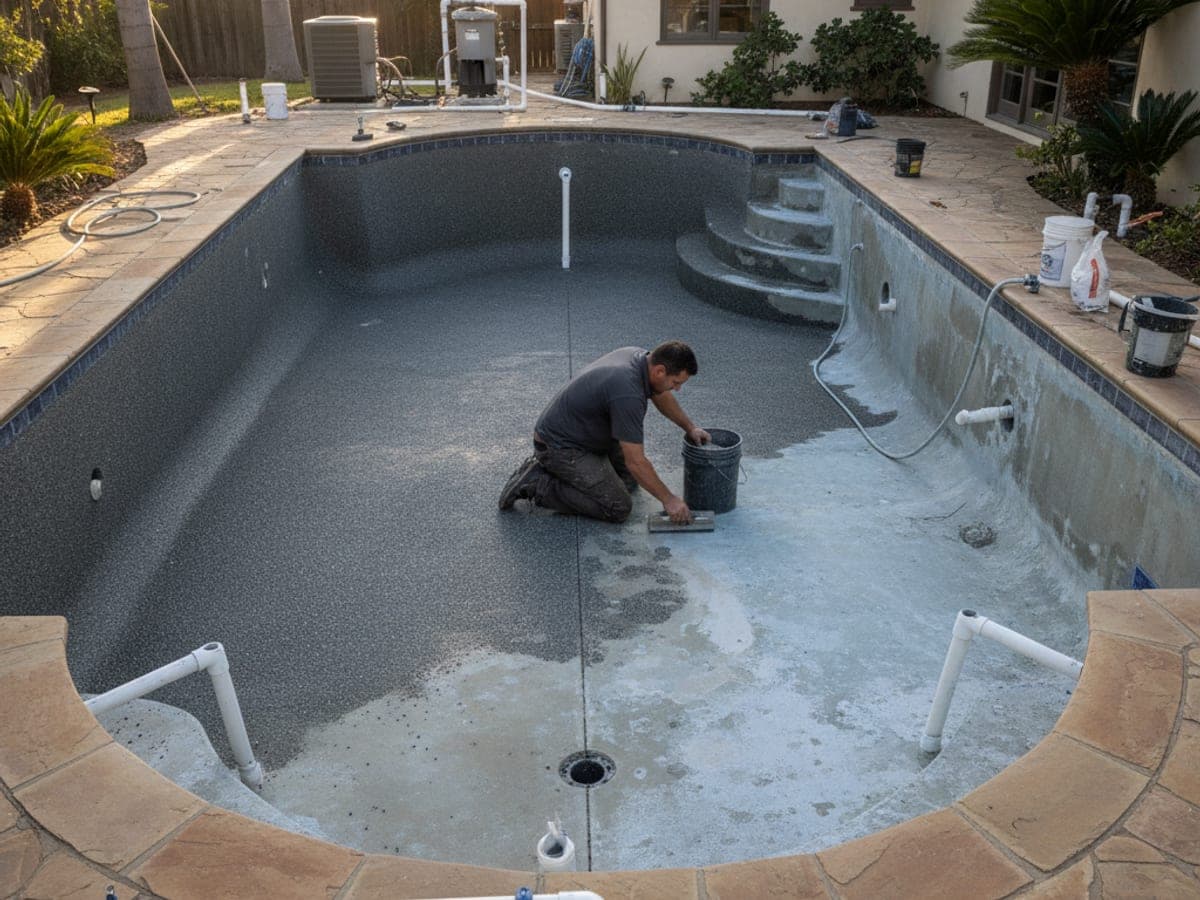 New pebble finish being applied to a pool shell beside the old worn plaster surface