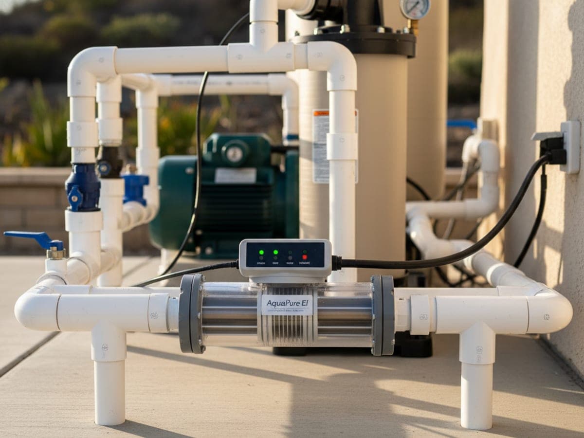 Salt chlorine generator cell installed inline on the pool equipment plumbing