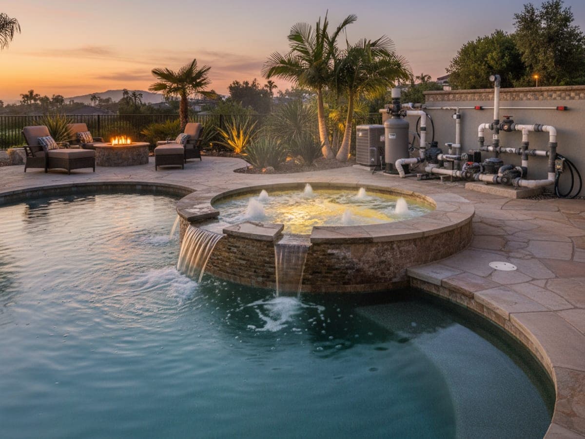 Residential pool-attached built-in spa with jets operating and warm LED lighting